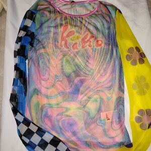 UNIF Multicolor Mesh Long-Sleeve Top with Yellow Floral Sleeve